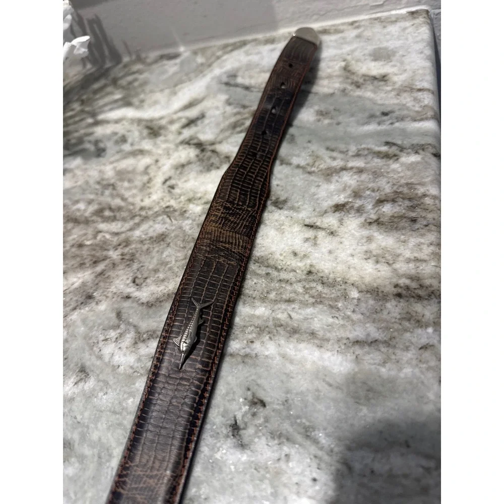 Men's Zep-Pro brown leather belt textured textured‎ marlin fish emblem strap 38